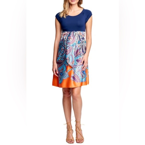 Maternal America Scoop Neck Front Tie Maternity Dress Size Large in Navy Paisley - Picture 1 of 13